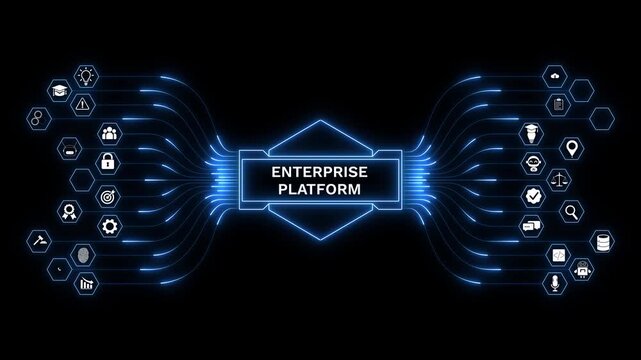 Corporate infrastructure dashboard featuring enterprise platform interface with secure system integration, cloud monitoring, and digital technology management.
