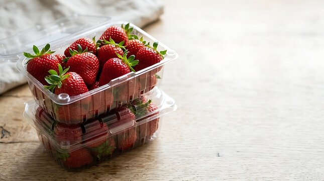 Fresh red strawberries in clear plastic containers on a wooden table