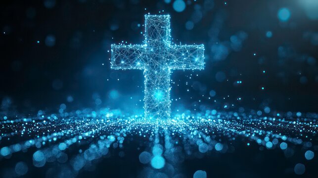 Blue glowing cross, rendered with interconnected points and lines, against a blurred background. Ideal for religious themes, particularly Christianity, representing faith, hope, and spirituality.