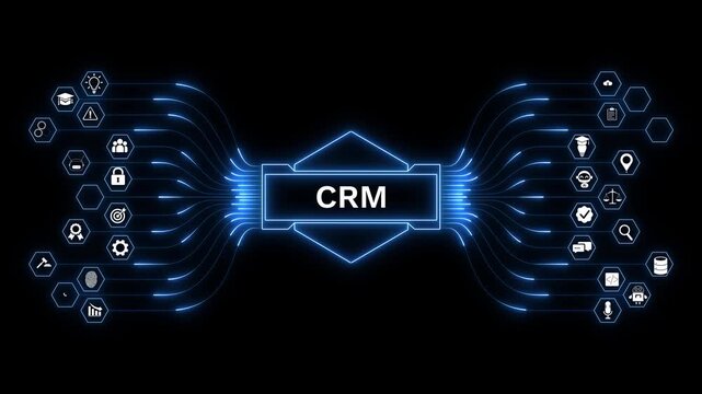 CRM technology animation featuring a connected business network, smart customer management, AI analytics, digital transformation, and enterprise automation.