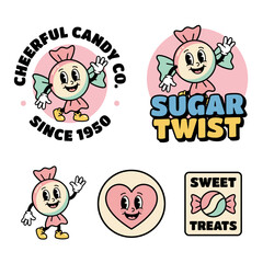 Fototapeta premium Vintage Retro Candy Character Logo and Sticker Set in Rubber Hose Cartoon Style