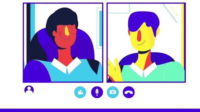 2D Animation of a Laptop Screen Showing a Remote Video Conference Call Between Two Colleagues, Business Communication