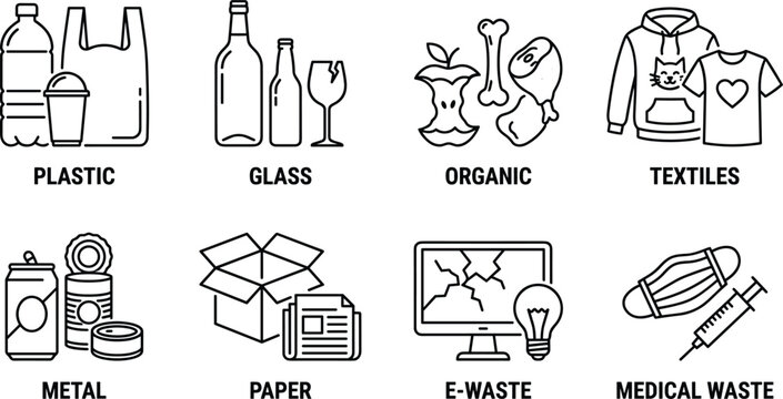Waste sorting and recycling categories icon set featuring plastic glass organic textile metal paper electronic and medical waste symbols