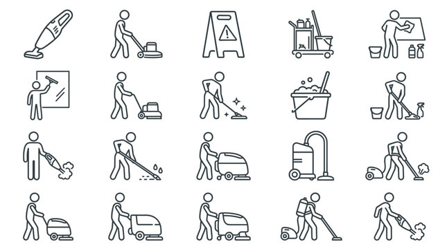 Professional cleaning services and floor maintenance outline icon set featuring janitors vacuum cleaners mop buckets and industrial hygiene equipment