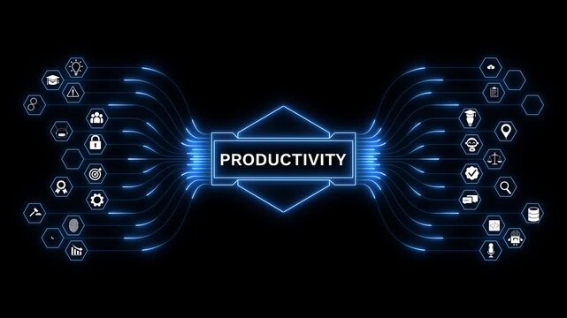 Connected digital systems improving work efficiency with smart productivity networks, AI automation, data flow visualization, and business performance optimization.v