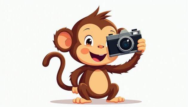 Funny monkey cartoon character takes a picture of itself with a vintage camera. Cute ape holding a photo device for a selfie shoot. Playful illustration for kids content.