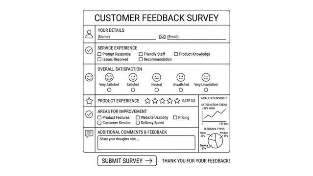A printed customer feedback survey form template.