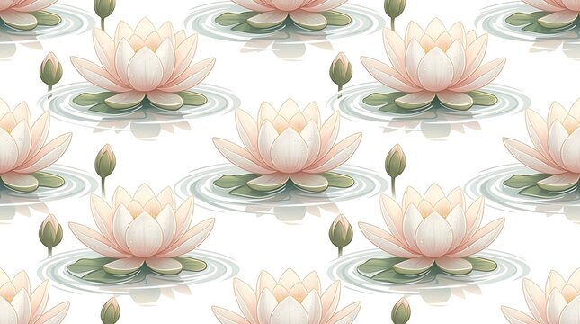Pink lotus flowers and water lily buds in a seamless floral pattern