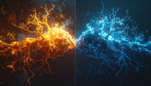 Elemental Clash: A striking visual depicts the dynamic interplay of opposing forces, with fiery orange energy colliding with electric blue energy in a cosmic dance.