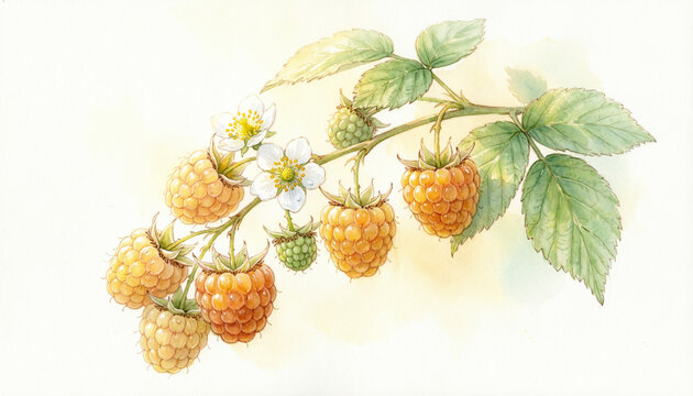 yellow raspberry branch with clusters of ripe berries 