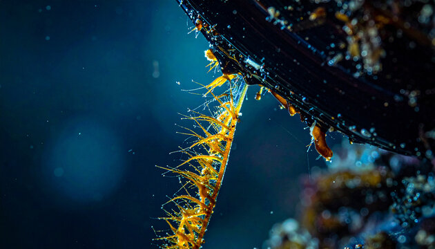 Marine Life Unveiled: An extraordinary close-up reveals the intricate details of a fascinating marine organism, its delicate tendrils reaching out in the deep blue ocean.