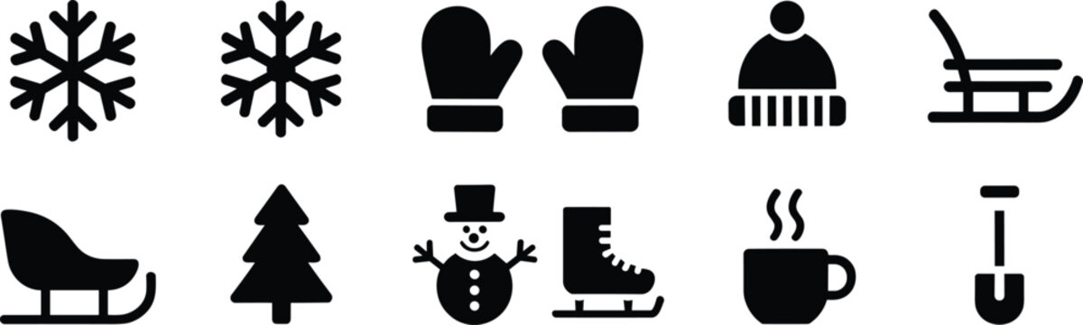 Winter season vector silhouette icon set featuring snowflakes mittens beanie snowman ice skate sled and hot beverage mug (18 words)