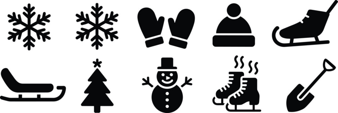 Winter season vector silhouette icon set featuring snowflakes mittens beanie snowman ice skate sled and hot beverage mug (18 words)