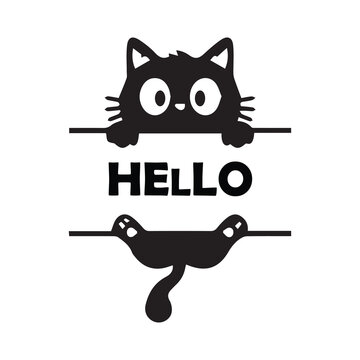 Cute cat peeking, black silhouette vector, hello greeting, feline illustration
