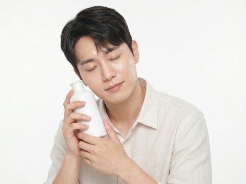 Handsome Young Asian Man Holding White Cosmetic Bottle for Skincare Routine