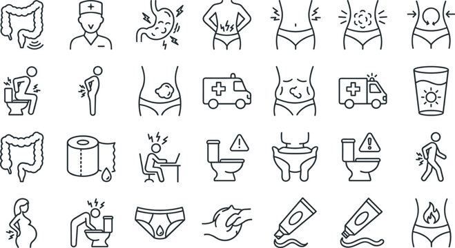 Gastrointestinal health and digestive system symptoms outline icon set featuring medical treatment and healthcare diagnostic symbols