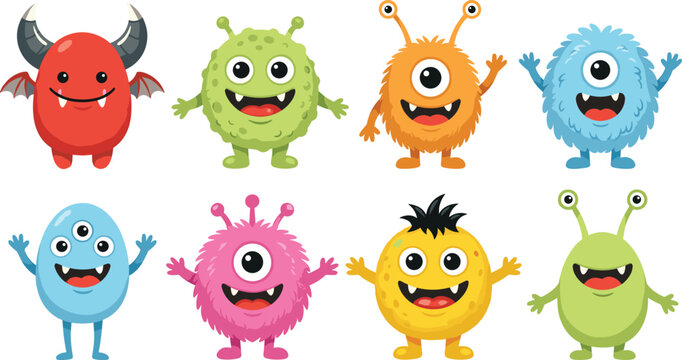 Cute cartoon monsters vector character collection featuring colorful furry creatures, aliens, and friendly devils with horns isolated on a white background.
