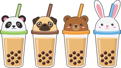 Cute animal boba milk tea vector illustration set featuring panda pug dog teddy bear and rabbit character cup lids (18 words) © Rony