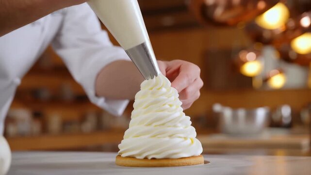 Pastry chef piping tall spiral of white cream onto cookie with metal nozzle in warm professional kitchen, creating precise layered garnish for handmade dessert presentation