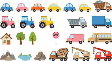 Fototapeta premium Cute cartoon vehicles and heavy machinery vector collection featuring colorful cars, trucks, tractors, school bus, construction equipment, and nature elements isolated on white.