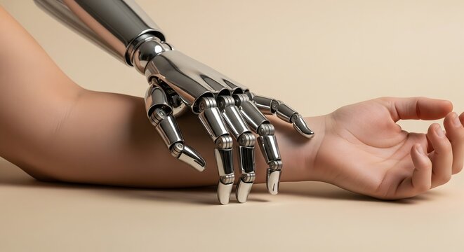 A detailed metallic robotic hand interacting with a human arm in a studio setting.