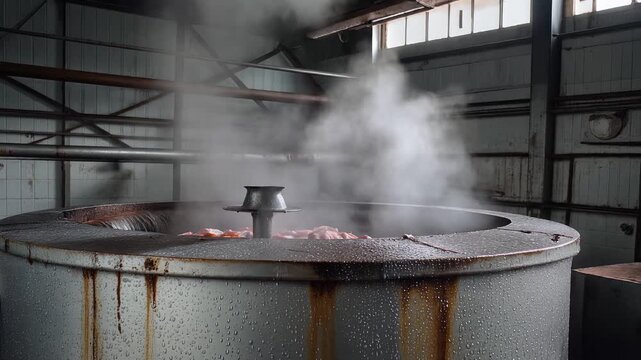 Cinematic shot of vigorous steam rising from a large, rustic industrial boiling vat with bubbling contents and water droplets, set in a dimly lit factory interior with pipes and windows, symbolizing