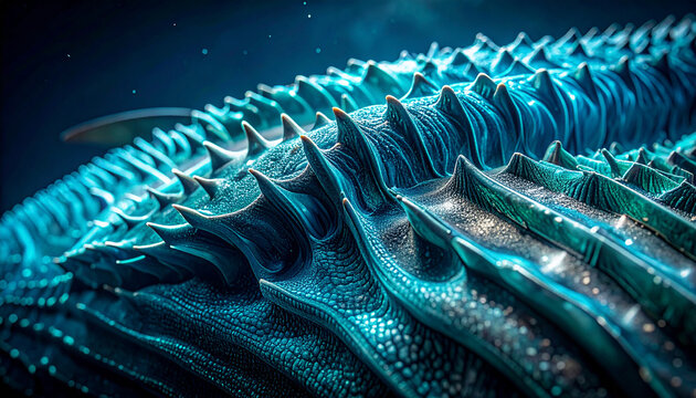 Deep Sea Marvel: A mesmerizing close-up reveals the intricate, textured scales and sharp spines of a colossal deep-sea creature, illuminated by ethereal blue bioluminescence in the dark ocean depths.