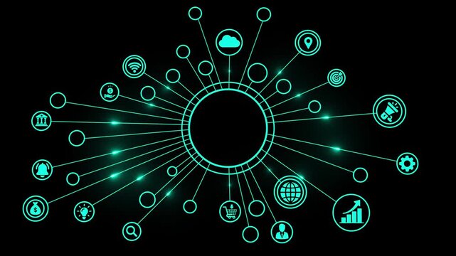 Cyan mint green neon glowing empty network connection frame concept with digital technology icons and world map background for global cyber copy space template