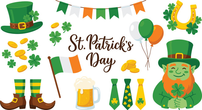 Cute cartoon St. Patrick's Day elements vector set featuring leprechaun green hat gold coins shamrocks horseshoe flag ties and beer isolated on white background.