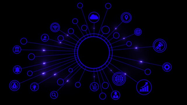 Dark blue neon glowing empty network connection frame concept with digital technology icons and world map background for global cyber copy space template
