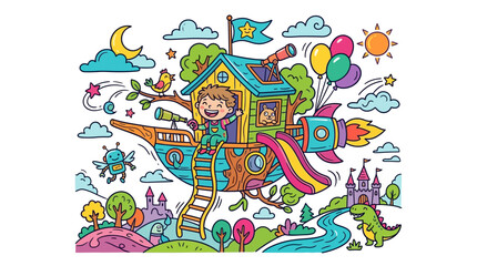 Obraz premium Childhood Dream Treehouse Rocket Adventure