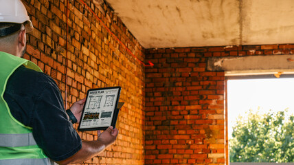 Construction worker reviews house plans on tablet at building site © shine.graphics