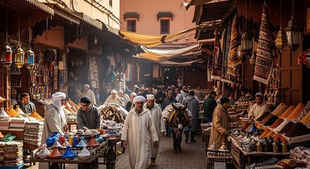 Naklejka premium Men walking with a donkey through a crowded traditional Moroccan market