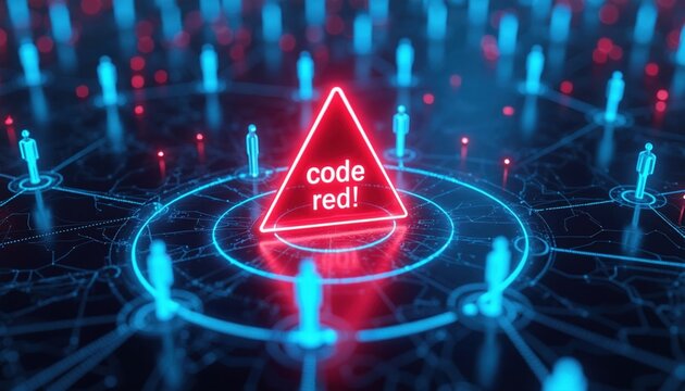 Digital network graphic shows people connected by lines. Red alert triangle with code red text signifies urgent system problem. Digital crisis.
