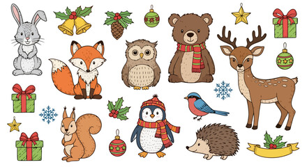 Fototapeta premium Cute Cartoon Forest Animals and Christmas Decorations.