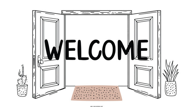 Doorway opening into a bright interior space features welcoming text and potted plants to suggest a warm and hospitable environment for home decor or real estate marketing.