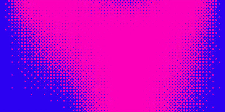 Blue pink bitmap pixel texture. Dotted dither gradient pattern background. 8 bit halftone faded pop art gradation wallpaper. Vanishing raster video arcade game backdrop Ilustration