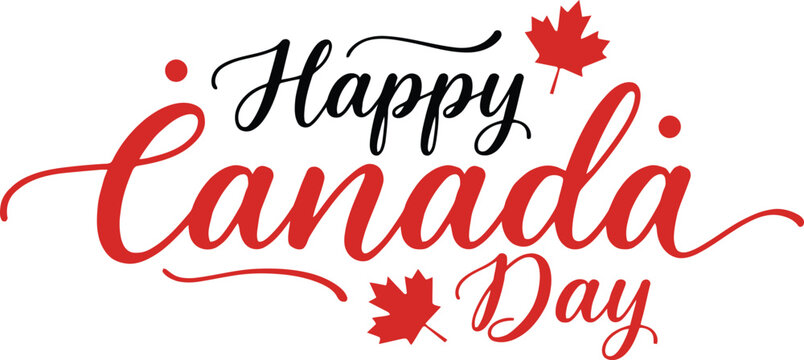 Happy Canada Day Lettering with Elegant Maple Leaf, Modern Red Accents, Minimal White Background, Patriotic Typography Design for Canadian National Celebration, Holiday Greeting, Banner, Poster 