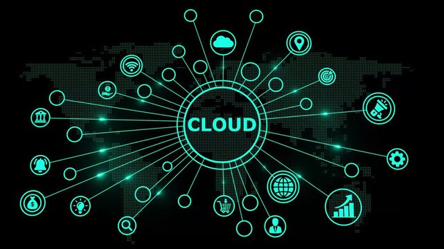 Green neon glowing cloud network connection concept with digital technology icons and world map background for global data storage and cloud computing service