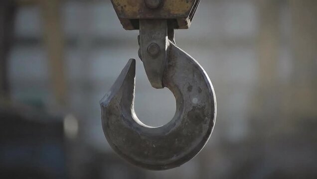 Close-up of a heavy-duty industrial metal crane hook hanging in an outdoor construction site. The weathered steel hook features a worn texture and patina against a blurred background.
