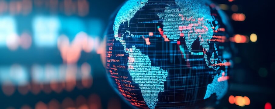 A glowing, digital, holographic globe made of binary code and data lines. It shows continents (like AfricaEuropeAmericas). The background is dark with colorful bokeh lights (teal,