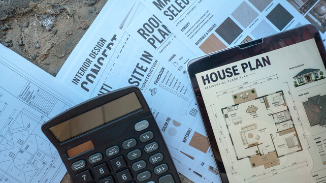 Architectural planning and design process with blueprints, calculator, and tablet