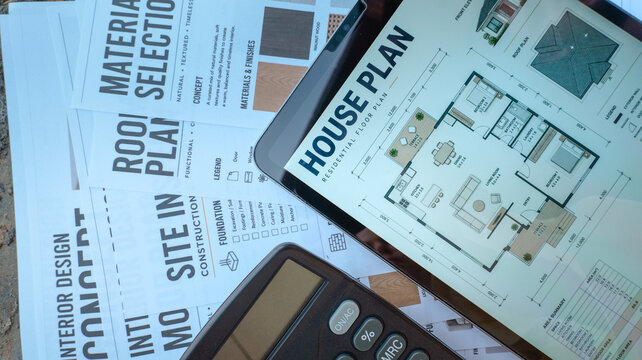 Detailed house plan and architectural documents on a desk