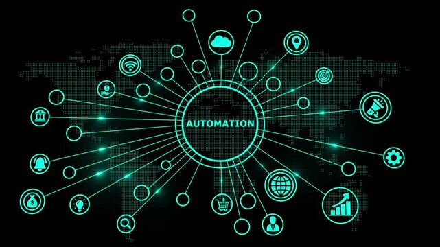 Green neon glowing automation network connection concept with digital business technology icons and world map background for efficient workflow and cyber infrastructure
