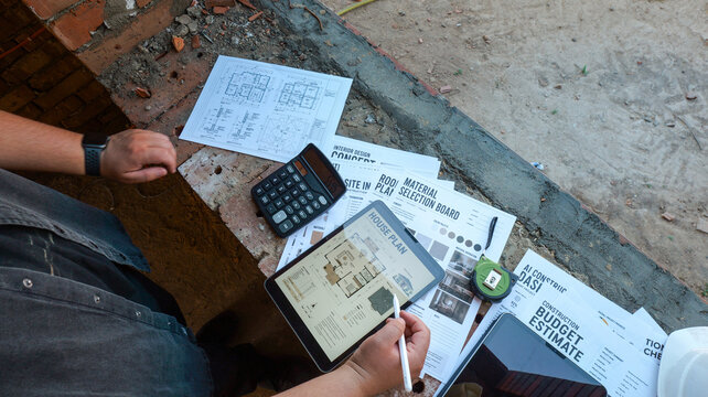 Architect reviewing house plans and budget estimate on tablet at construction site