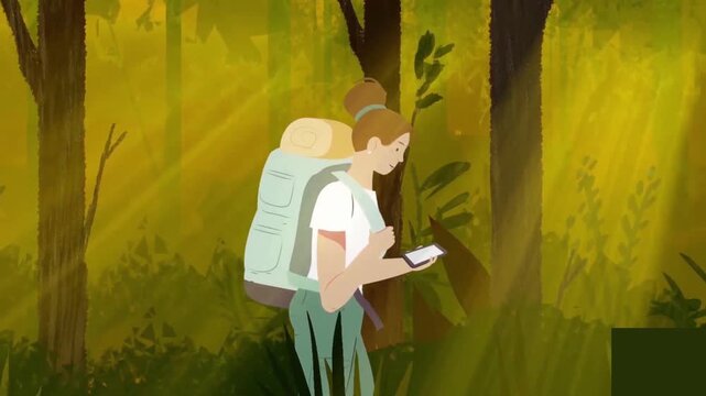 2D Animation of a Female Hiker with a Backpack Navigating with Her Smartphone in a Golden Forest