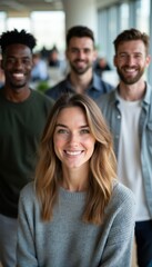 Fototapeta premium Smiling young diverse team stands together in modern office. People in casual work clothes show unity and success. Professionals pose for a photo collaboration.