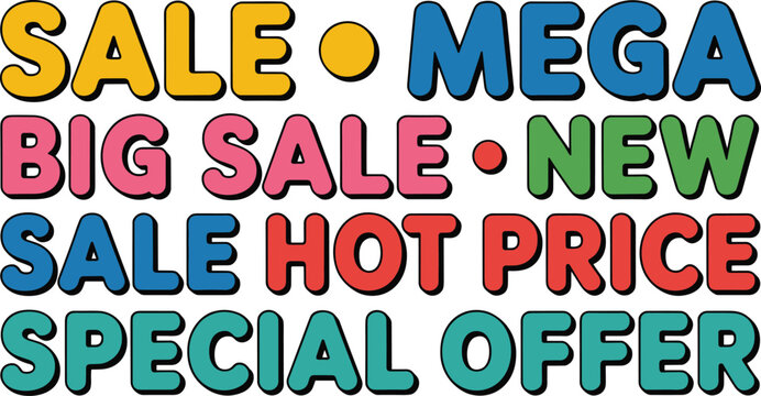 Mega big sale and special offer typography vector banner set with colorful bubble font text elements for promotion