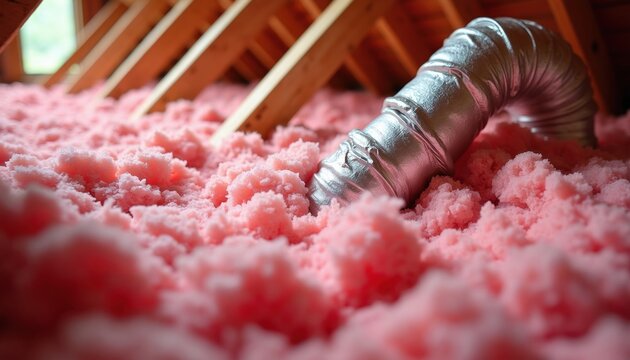 Pink fiberglass insulation fills attic space around metal ductwork. Wooden rafters support roof structure. Home energy saving construction material provides thermal comfort.