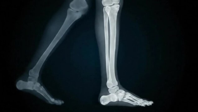 Lateral X-ray view of human legs and feet in a walking motion, showing skeletal bone structure including the tibia, fibula, ankle joint, and metatarsals against a black background.